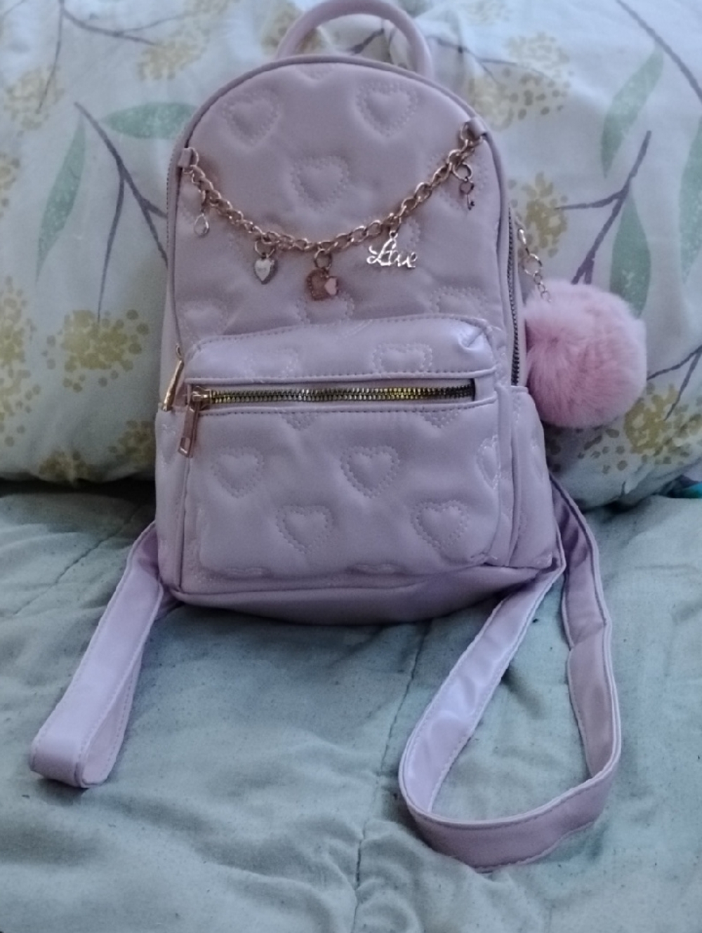 Under One Sky Lilac Quilted Heart Mini Backpack with Charm and Pom